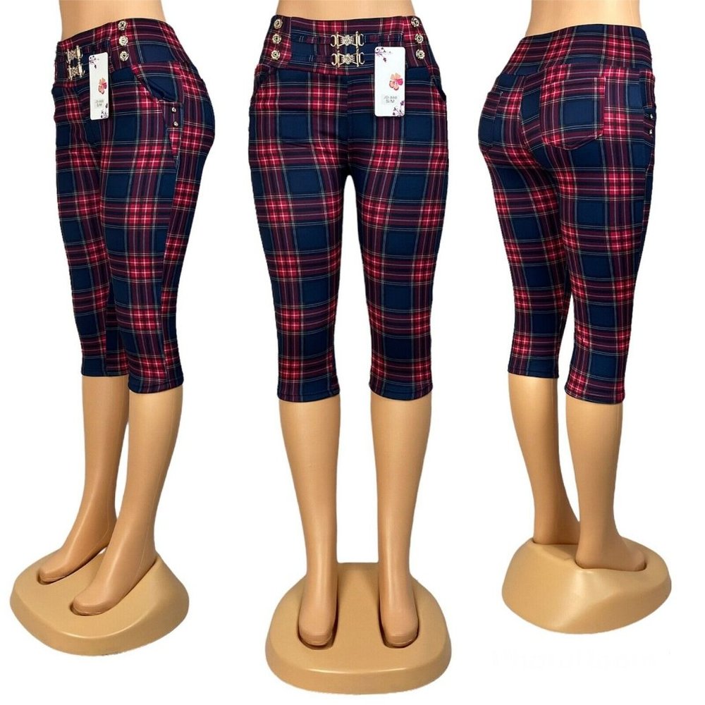 Plaid Capri Pants for Women - Navy & Red